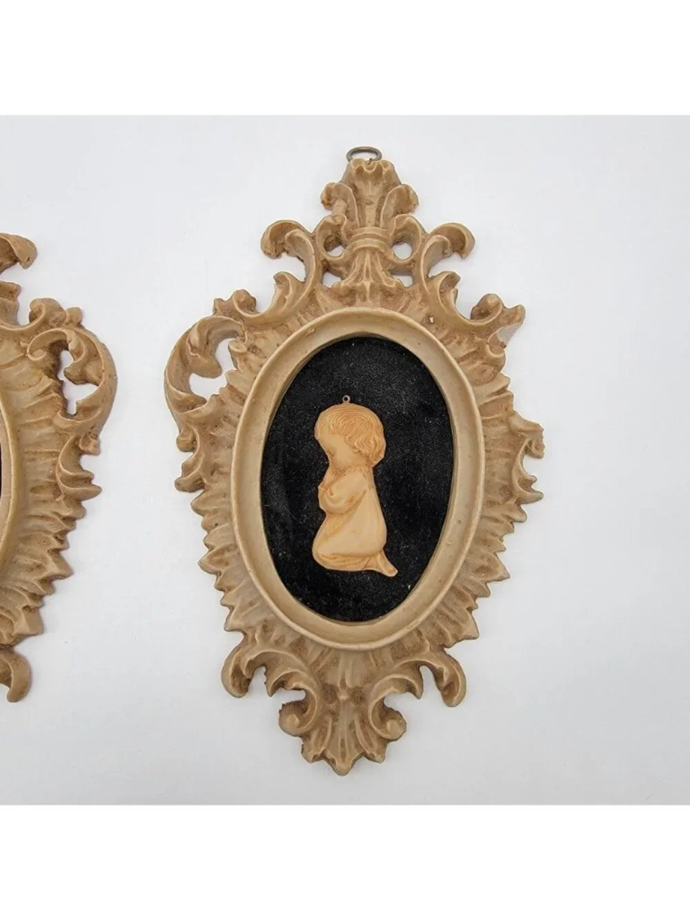 Pair Of Vintage Capodimonte Praying Children Wall Art Plaques With Ornate Frames